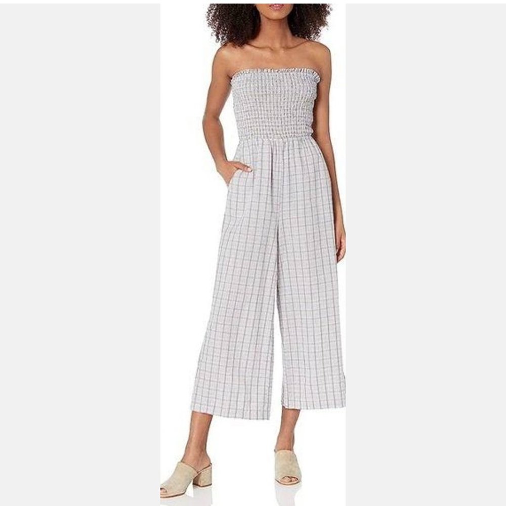 BCBG Generation Sz S Adorable Smocked Strapless Jumpsuit Blue Plaid